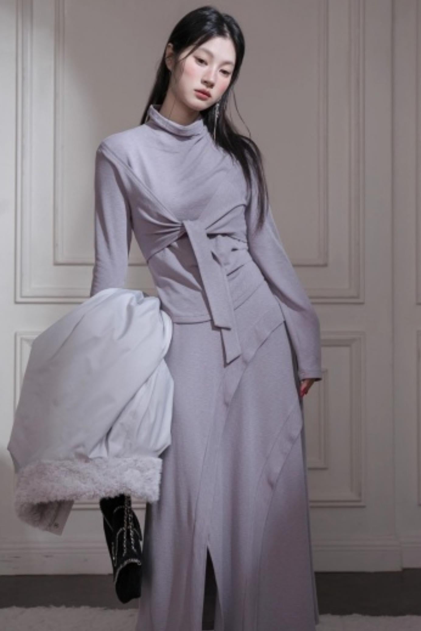 Gray Taro Tie-Dye Top Skirt Set