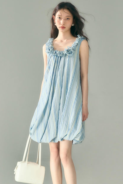Blue Jellyfish Embroidered Striped Vest Dress