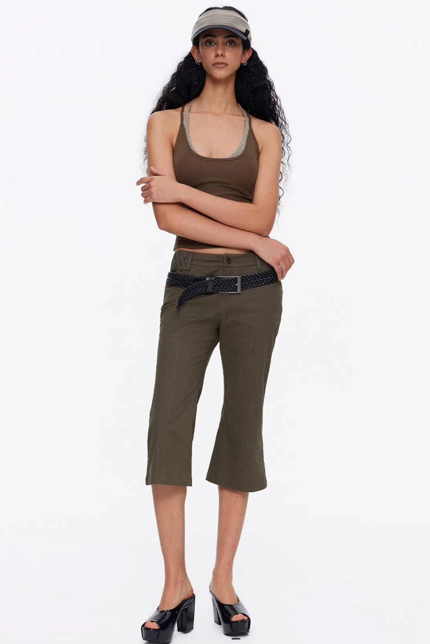 Vintage army green flared capri pants with exposed seam design