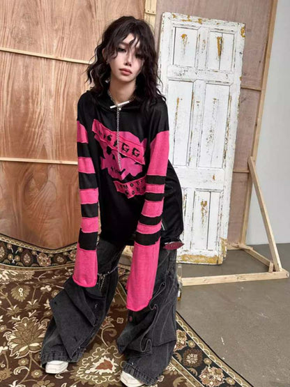 Rock Punk Skull Print Striped Sleeve Hoodie