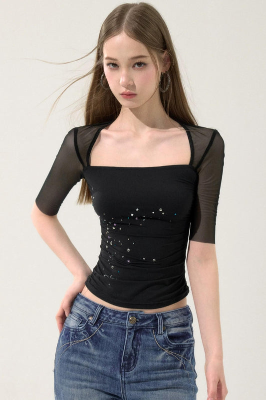 Mesh Splicing Rhinestone Top