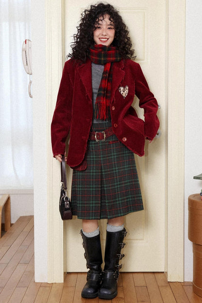 Retro Casual Pleated Plaid Skirt