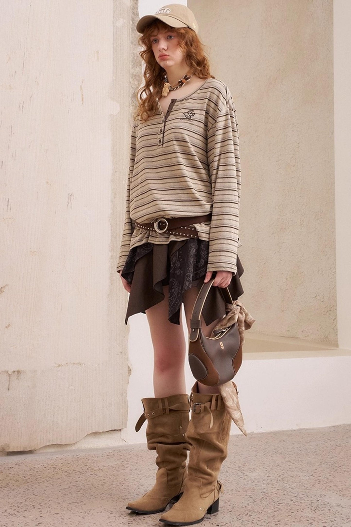 Vintage Brown Striped Loose T-Shirt