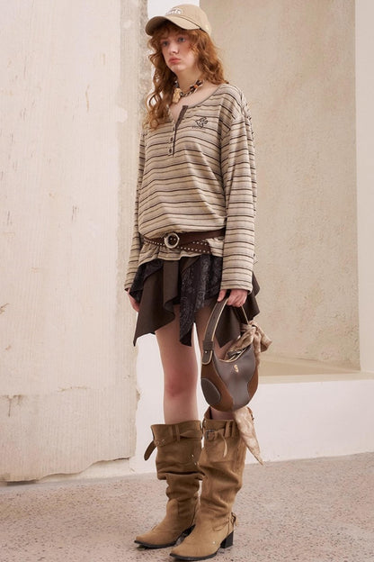 Vintage Brown Striped Loose T-Shirt