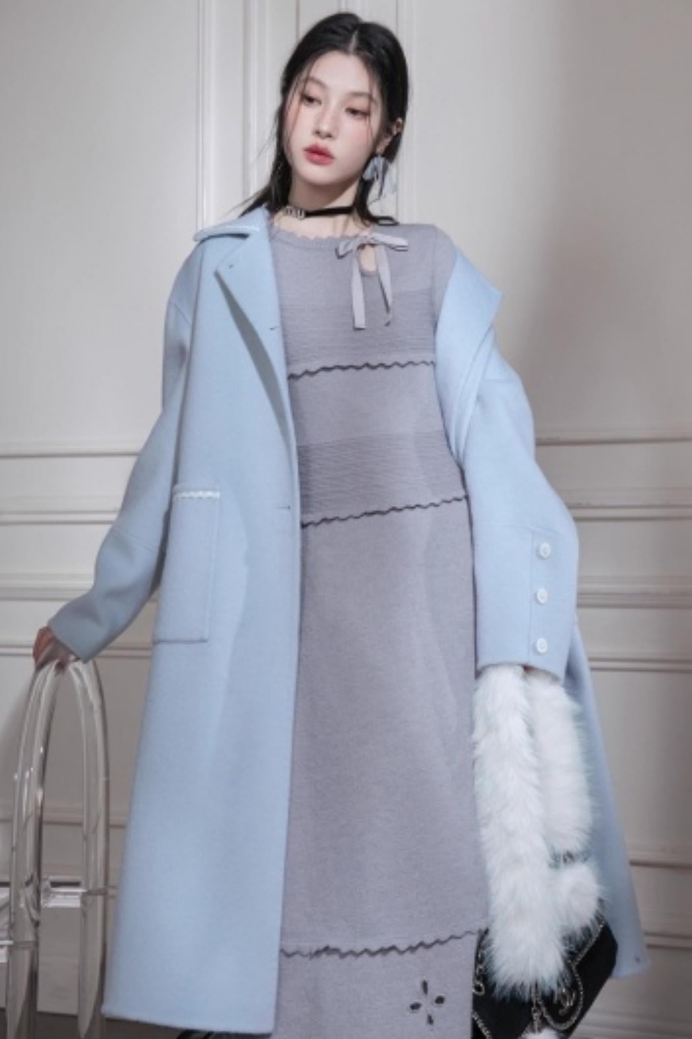 Cream Gray Lace Wool Dress