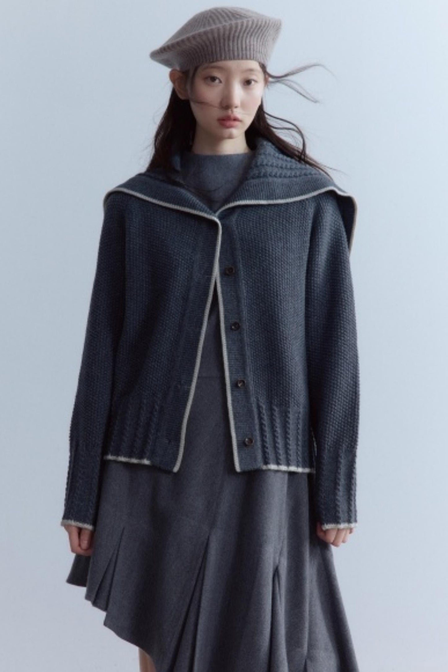 Navy Collar Twisted Rope Woolen Cardigan