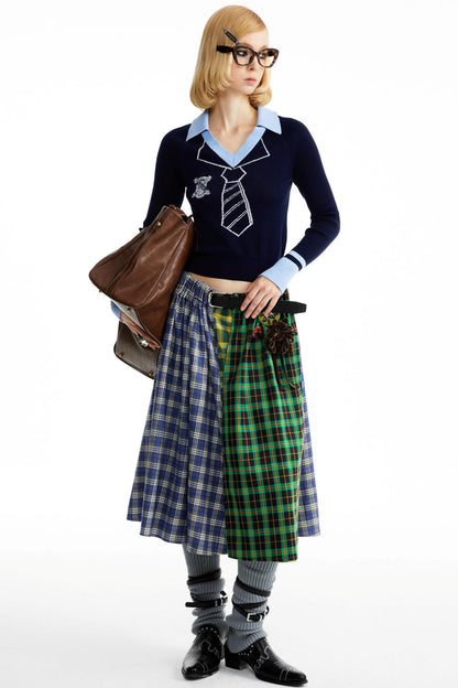 Blue-Green Plaid Pleated Skirt