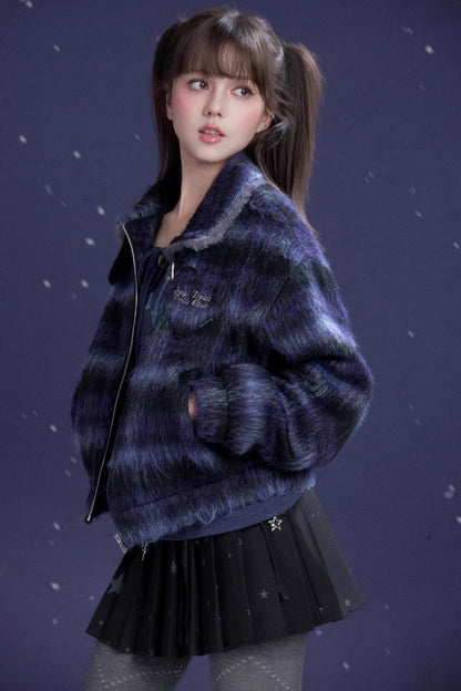 High-Neck Plaid Woolen Coat