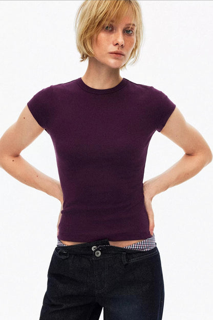 Elegant purple short sleeve crew neck tee in soft cotton