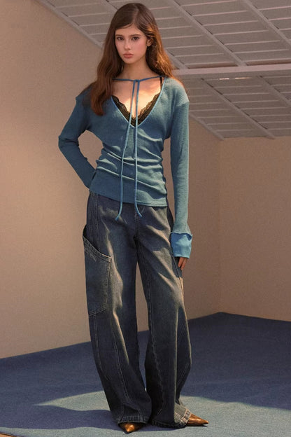 Wide-Leg Diagonal Pocket Jeans