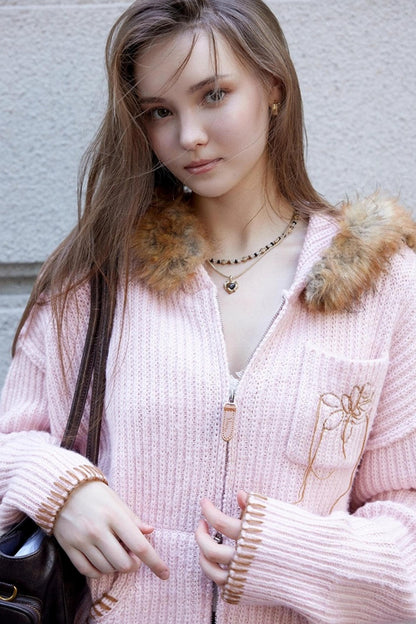 Fur Collar Cable Knit Cardigan