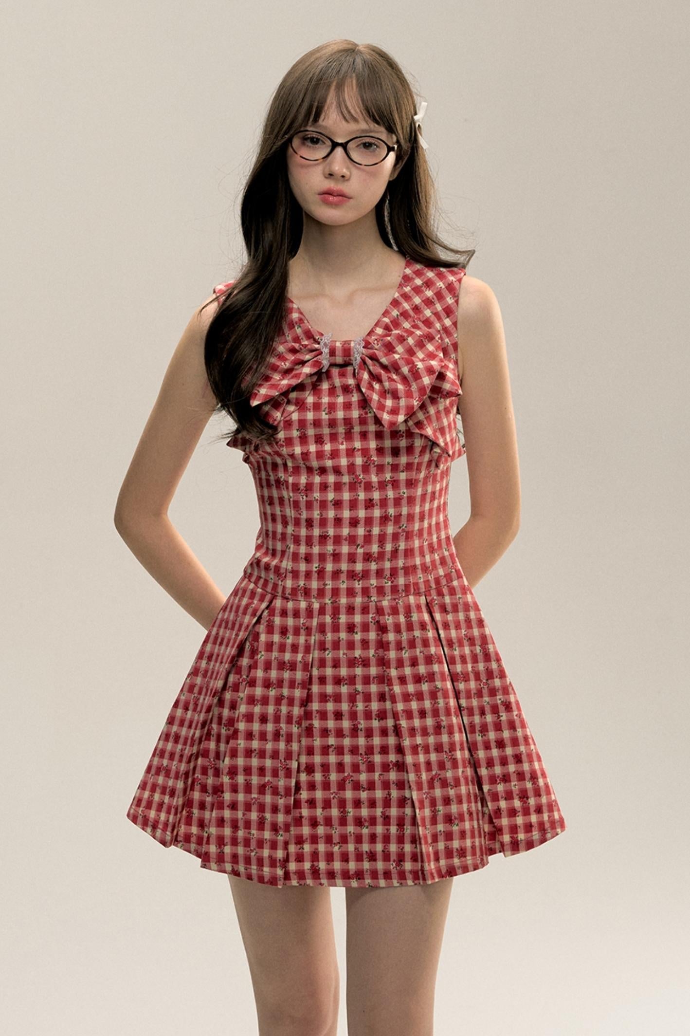 Red Check Floral Bow Vest Dress