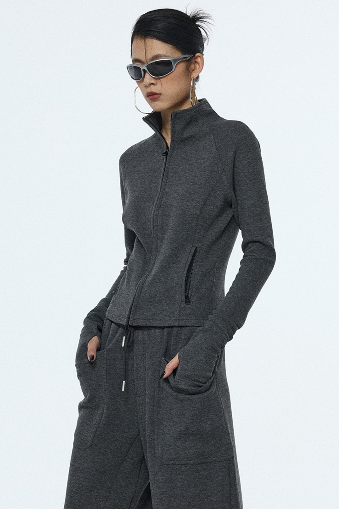 Gray Zipper Slim-Fit Top & Pants Set-Up