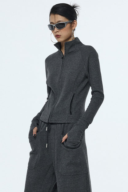 Gray Zipper Slim-Fit Top & Pants Set-Up