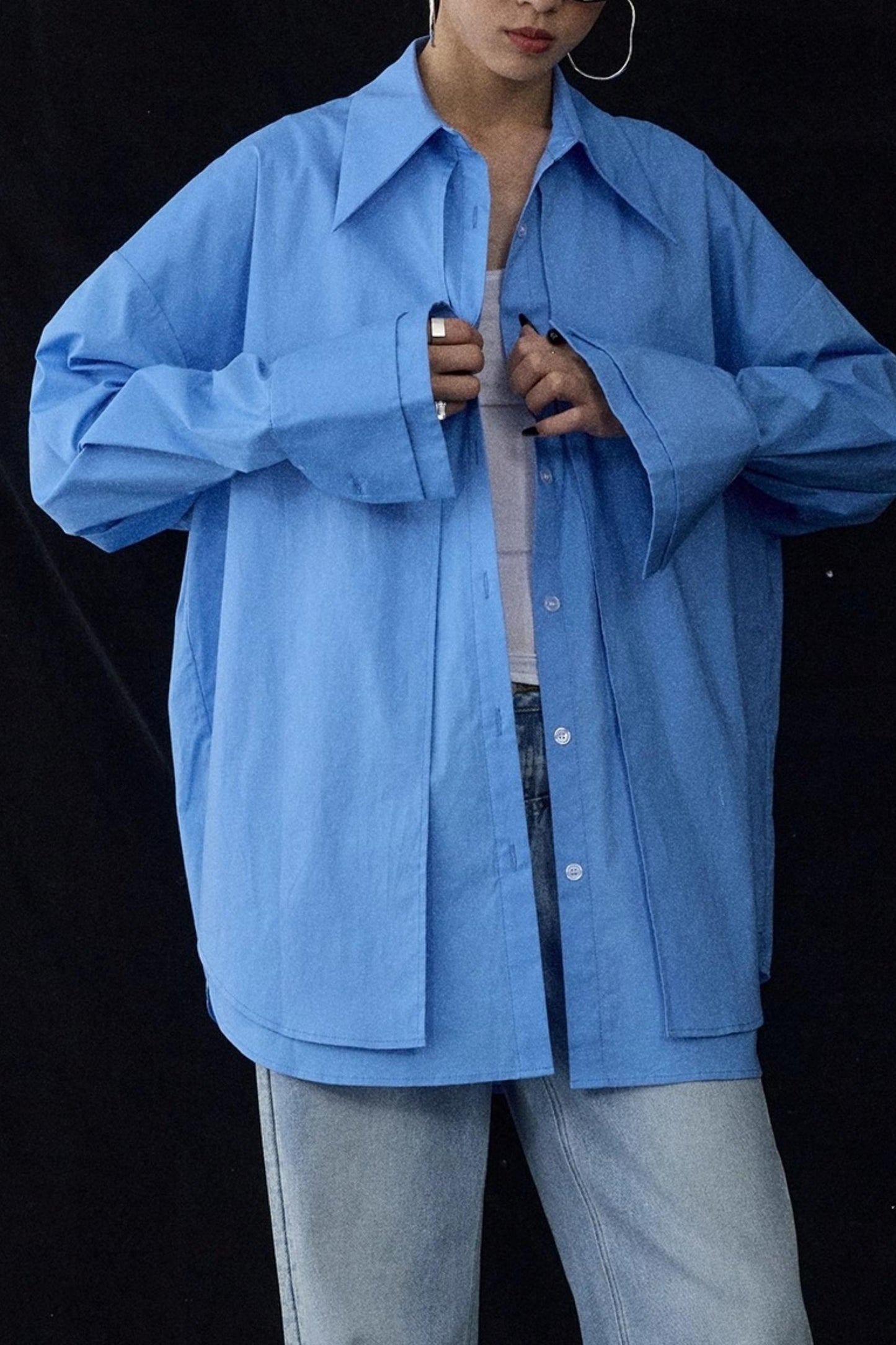 Blue Pointed Long-Sleeved Shirt