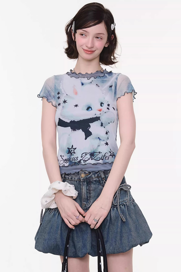 Mesh Plaid Cat Print Top