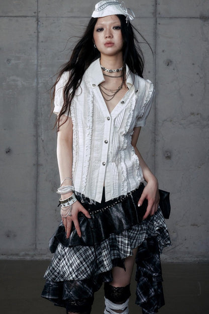 Vintage Lace V-Neck Bubble Sleeve Shirt