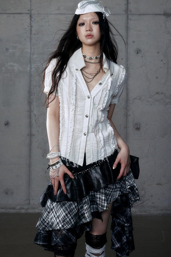 Vintage Lace V-Neck Bubble Sleeve Shirt