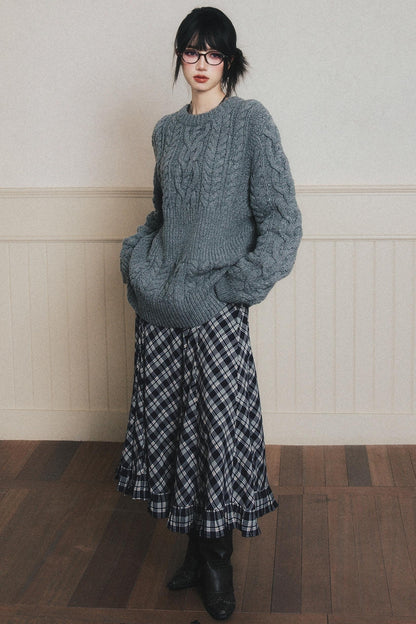 Navy Blue Check A-Line Swing Skirt