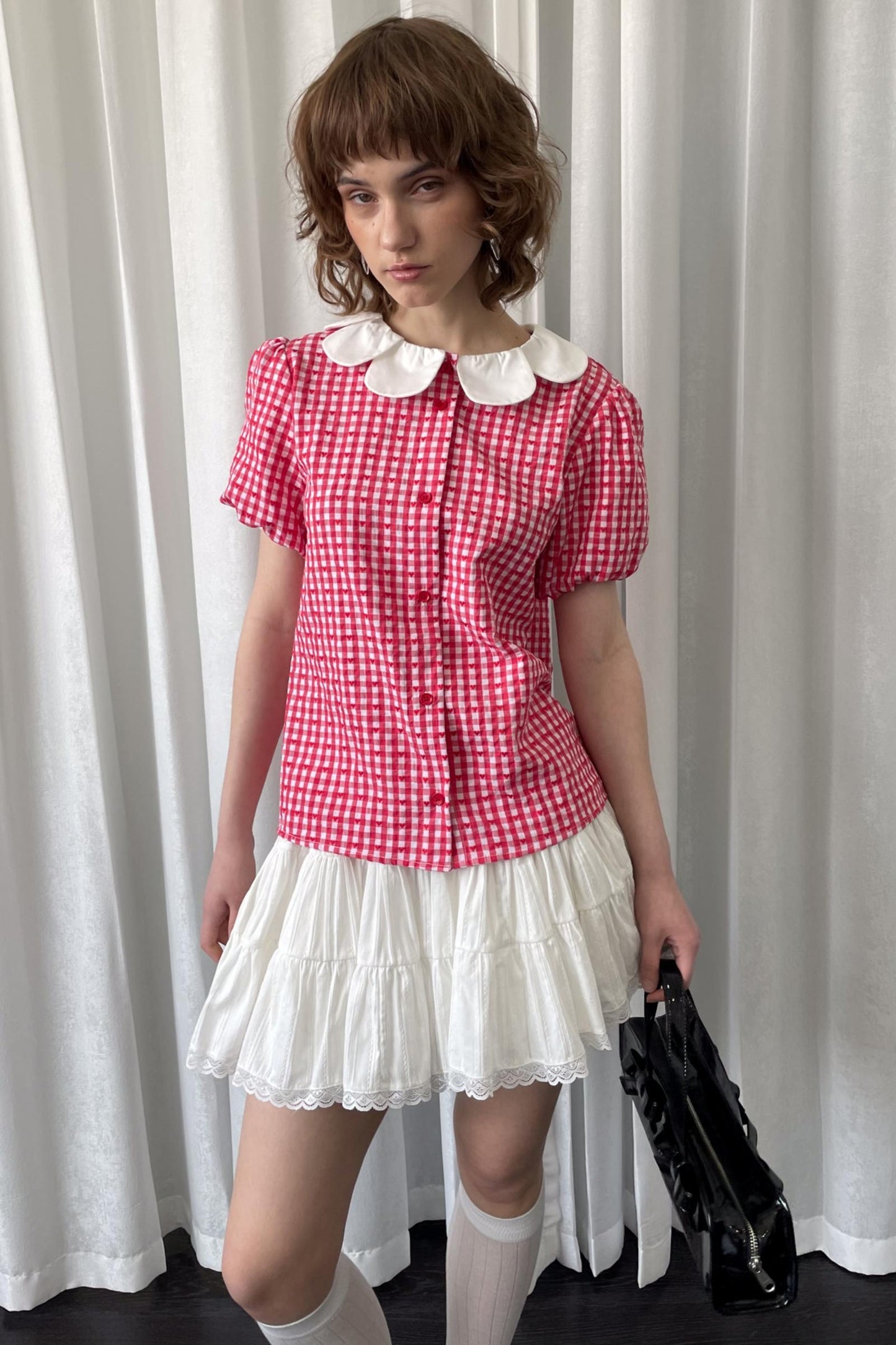 Red Plaid Lantern Sleeve Shirt