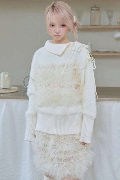 Beige Pleated Mink Velvet Sweater
