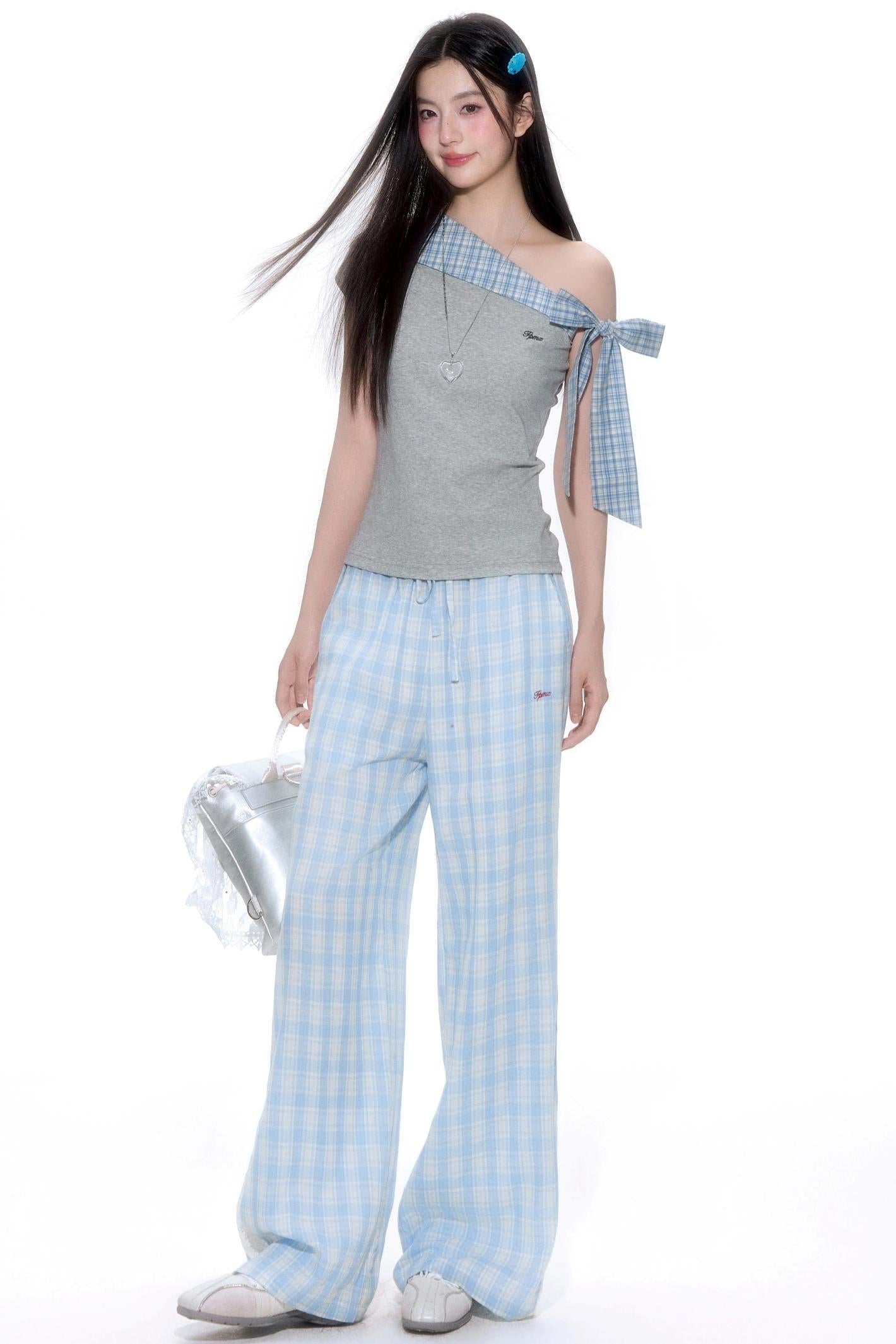 Blue Lace-Trimmed Wide-Leg Pants