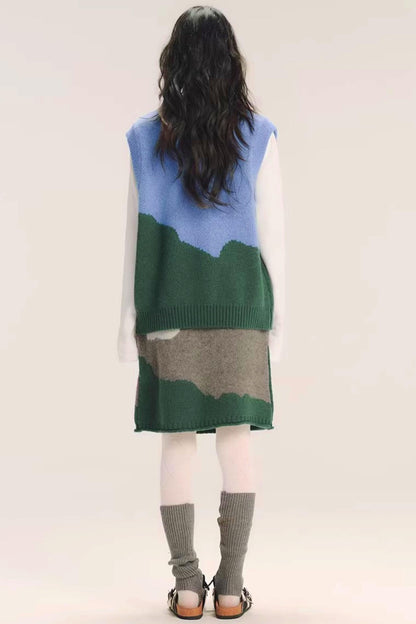 Color-Block Wool Knitted Skirt