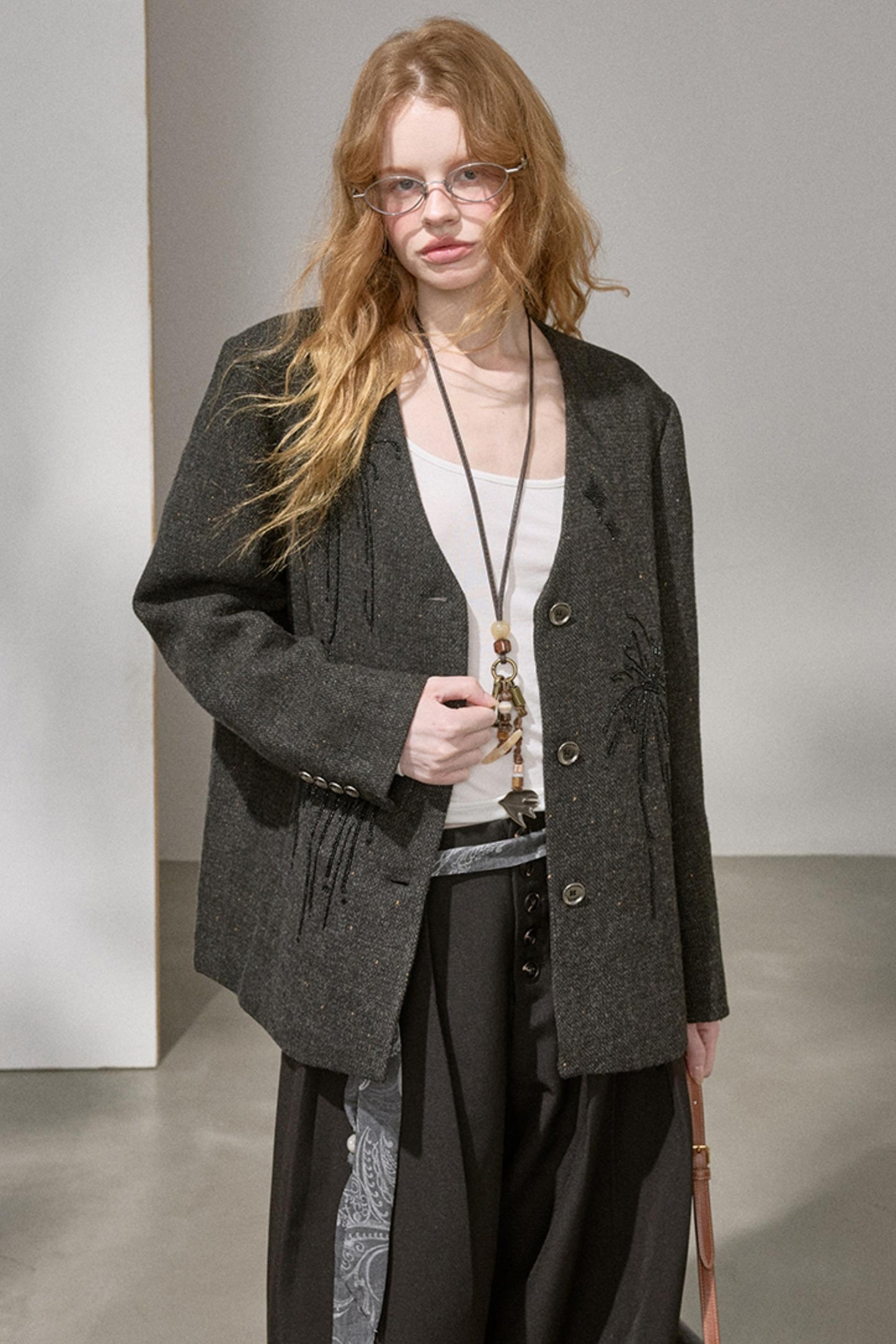 High-Density Beaded V-Neck Jacket