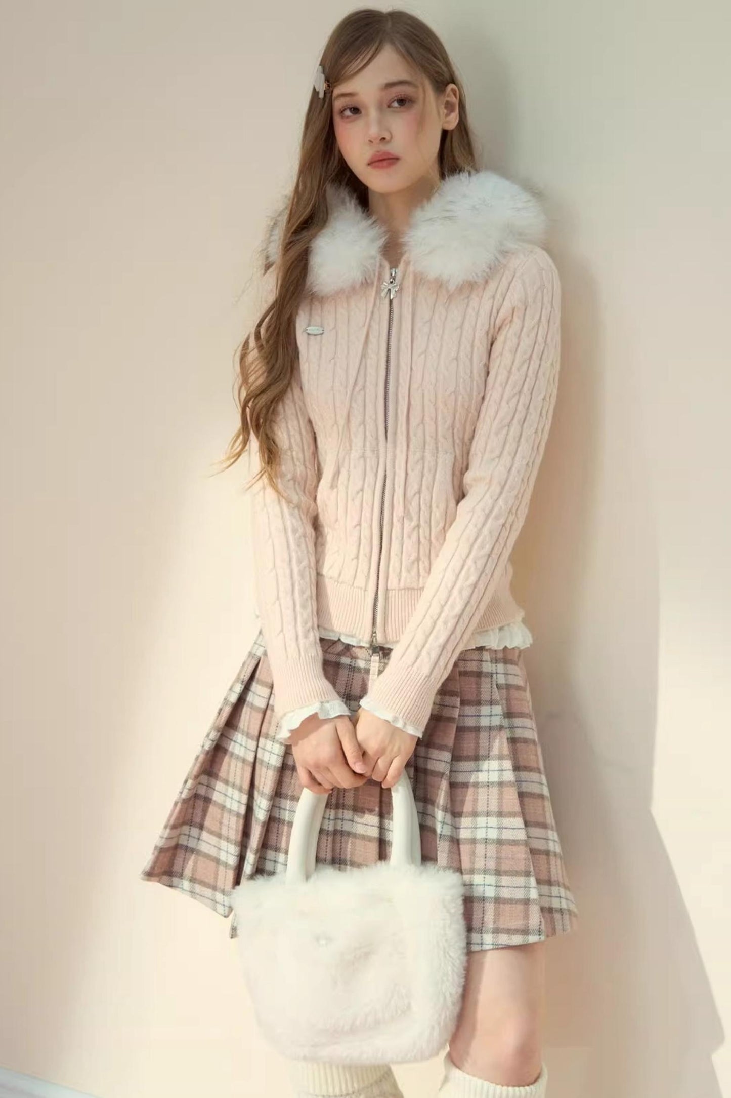 Fur Collar Detachable Knit Jacket