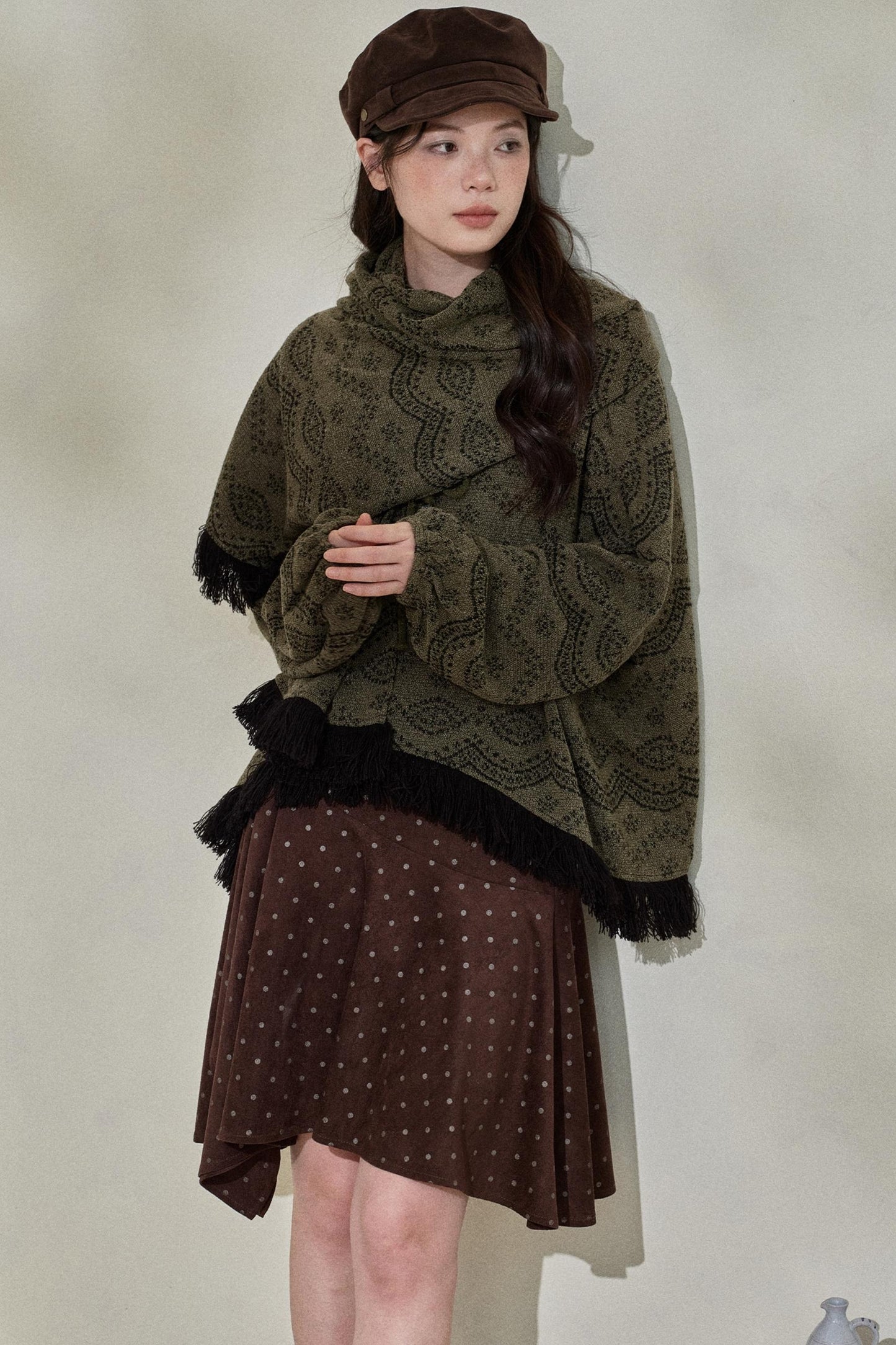 Dark Green Vintage Fringed Top & Scarf Set