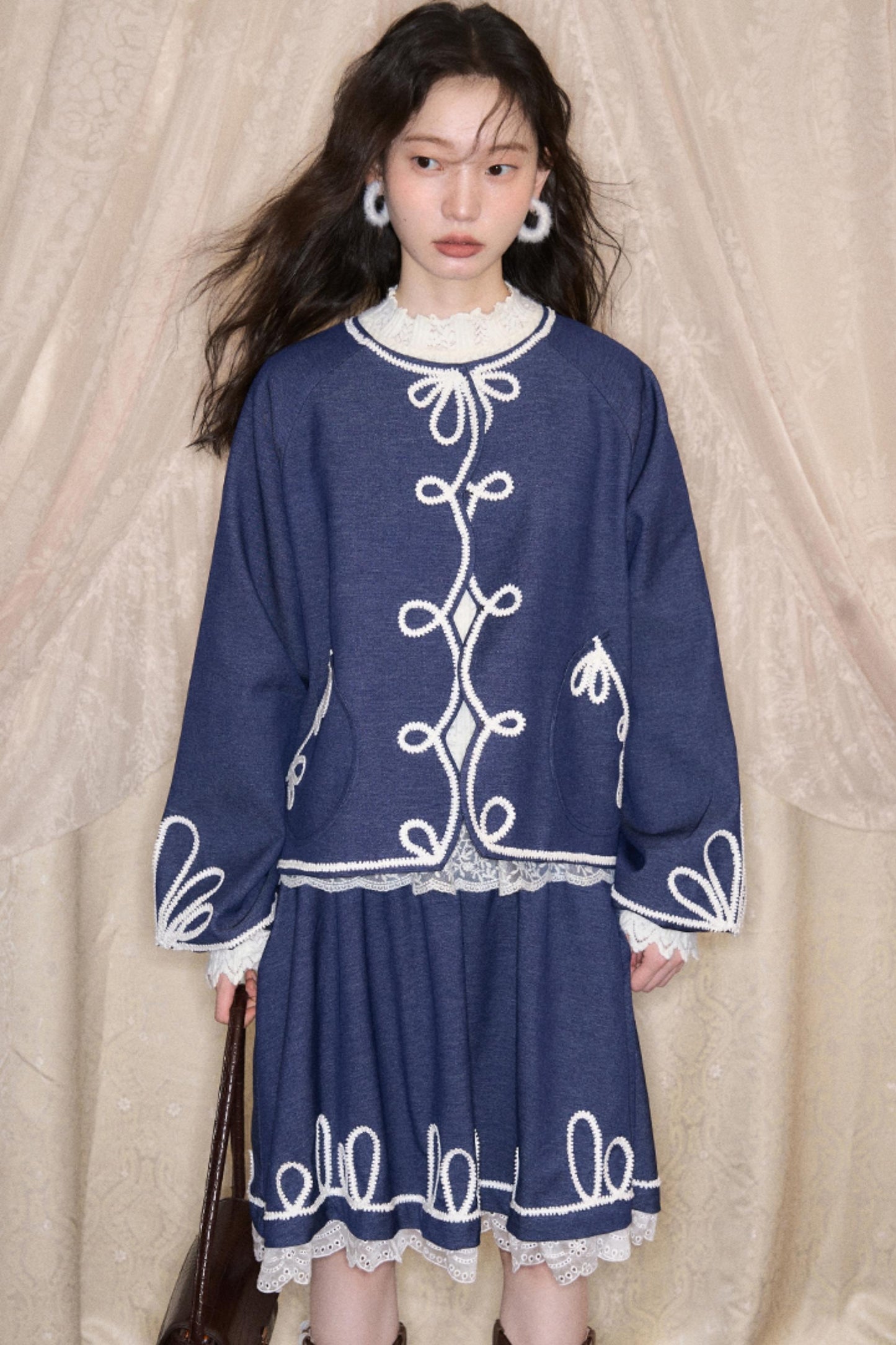 Embroidered Patchwork Denim A-Line Skirt