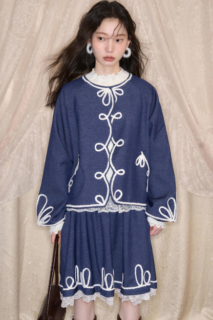 Embroidered Patchwork Denim A-Line Skirt