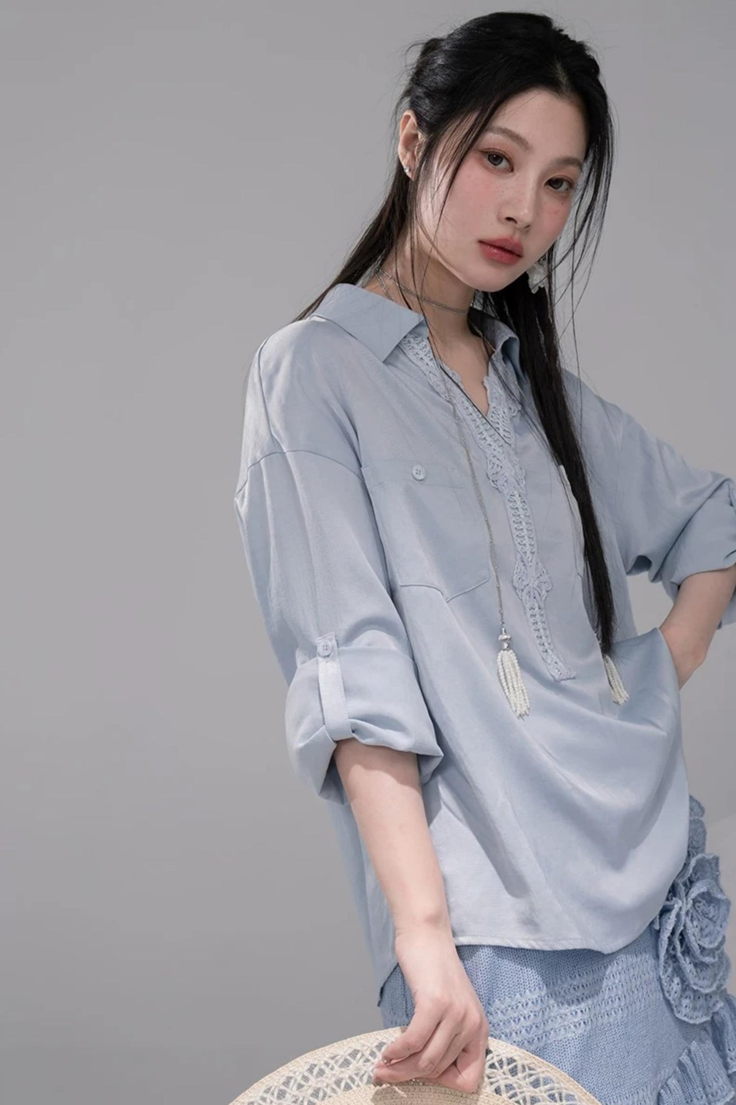 Mist Blue Lace Collar Shirt