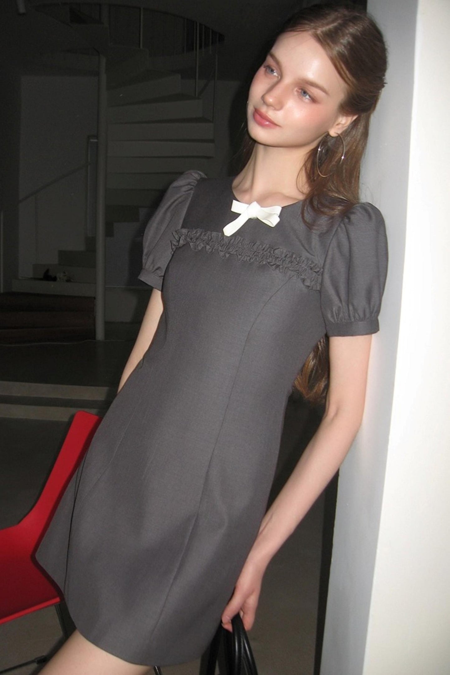 Detachable Bow Bubble Short Sleeve Dress