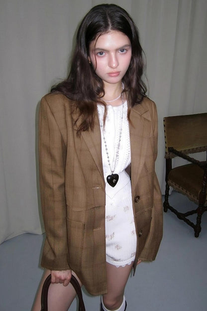 Brown Check Raw Edge Blazer