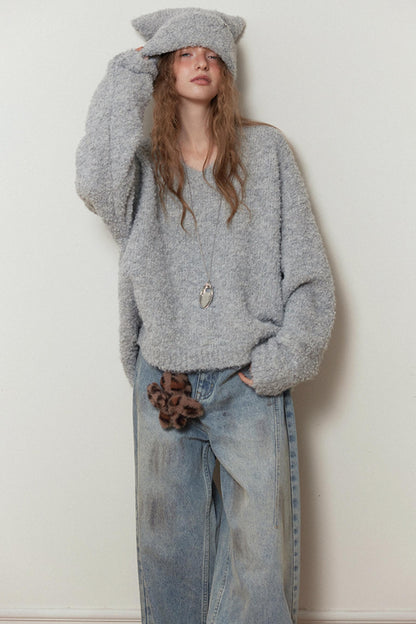 Gray Knit V-Neck Sweater Hat Set