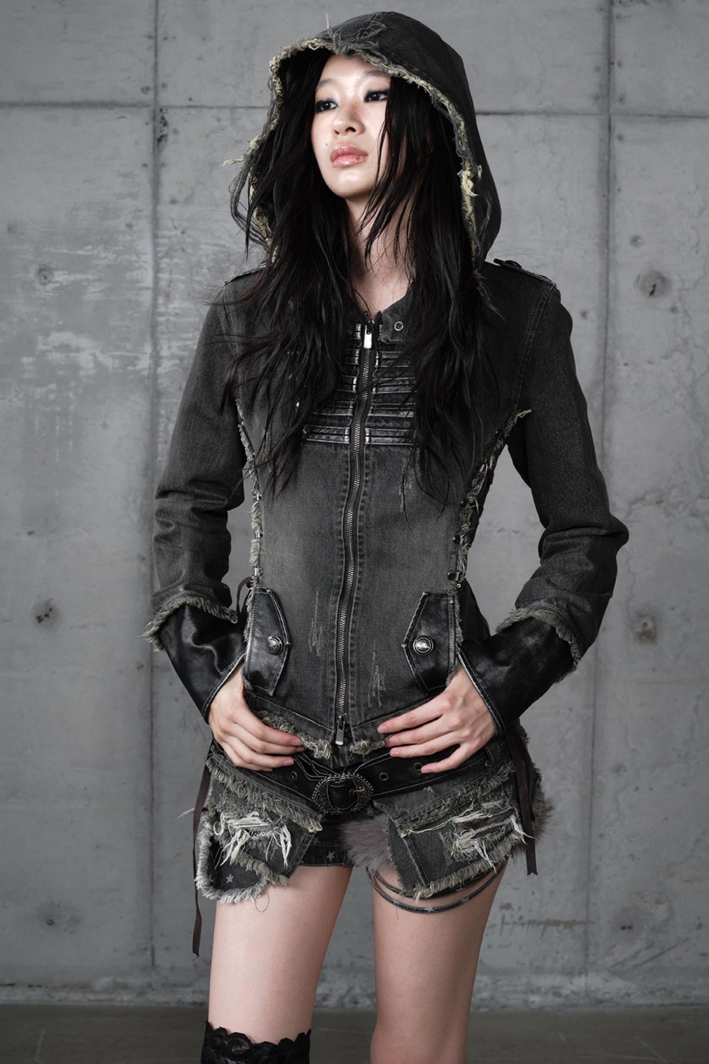 Distressed Denim Slim Fit Hooded Coat