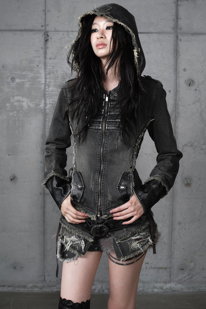 Distressed Denim Slim Fit Hooded Coat