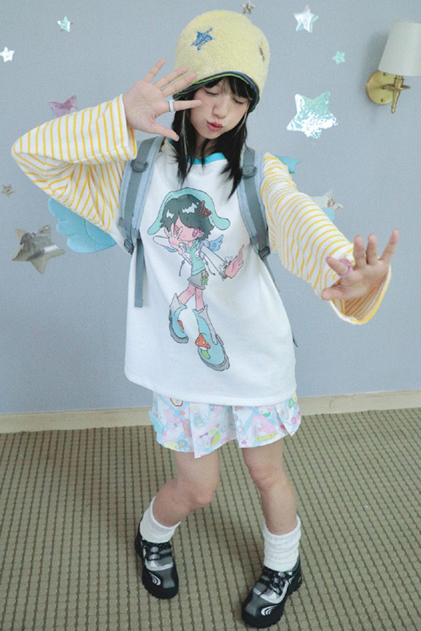 Cartoon Bird Stripe Raglan Sweatshirt