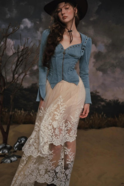 Denim Slim-Fit Jacket Skirt Set-Up