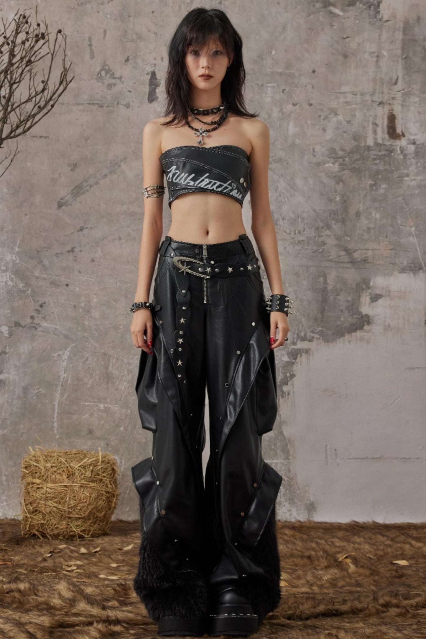 Autumn Punk Wide-Leg Leather Pants