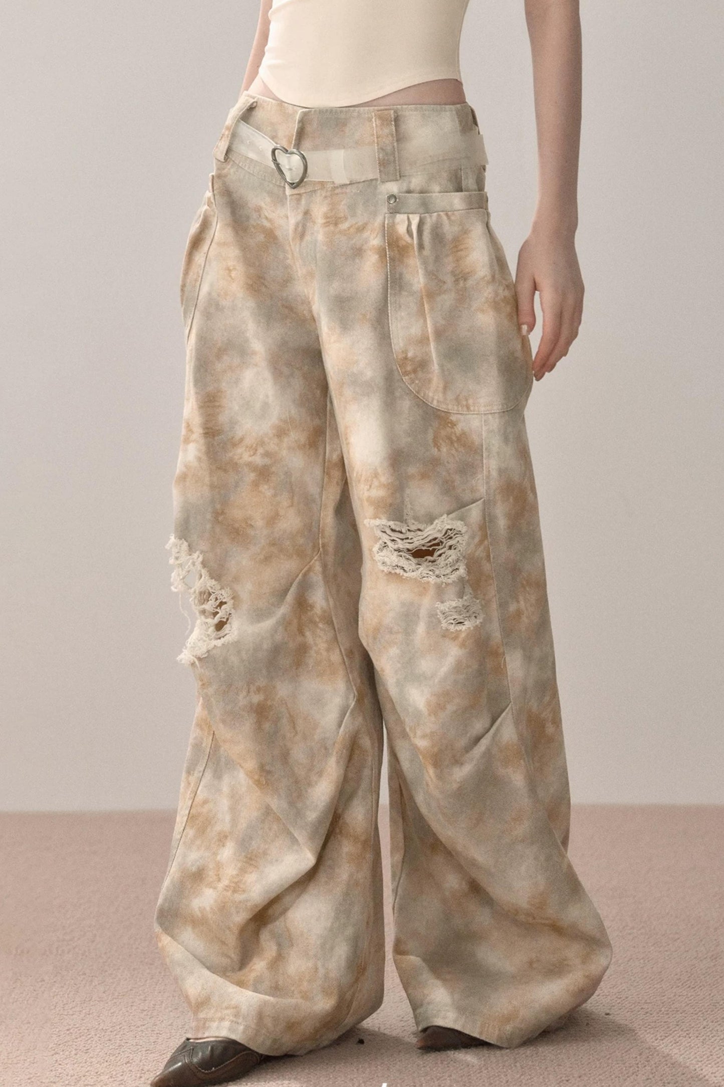 Gradient Wide-Leg Ripped Pants