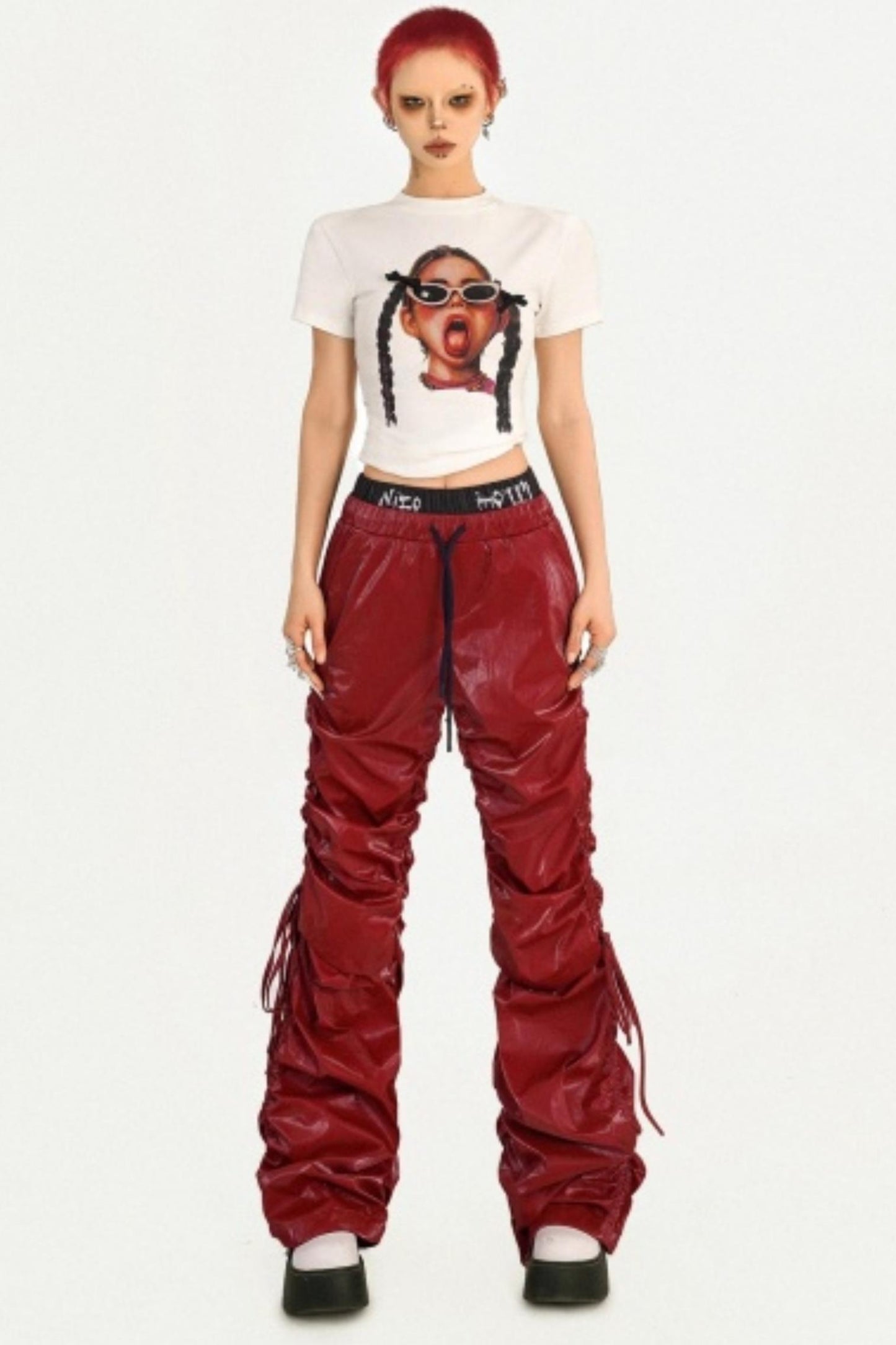 Red Pleated Leather Pants