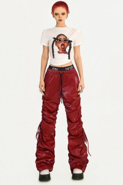 Red Pleated Leather Pants