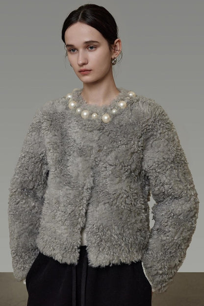 Pearl Collar Faux Fur Jacket