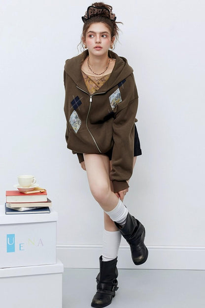 Diamond Check Hooded Cardigan