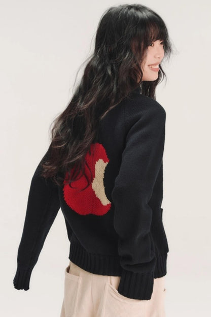 Hand-Painted Apple Embroidery Cardigan