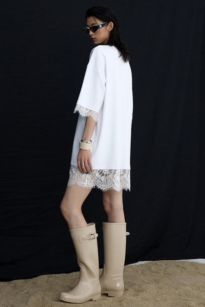 Patchwork Lace Crew Neck Long Top