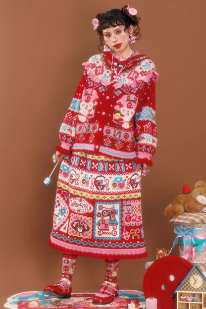Rote Jacquard-Spitzenstrickrock