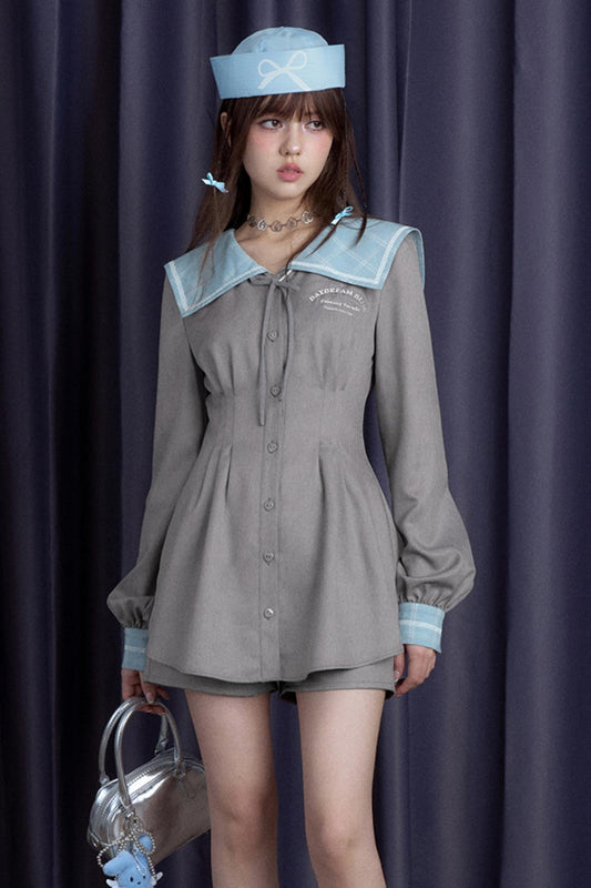 Grey Blue Sailor Collar Shorts Set